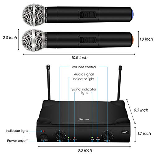 UHF Wireless Microphone System, EIVOTOR Dual Channel Handheld Wireless Microphone with Professional Karaoke Receiver and 2 Handheld Dynamic Mics Set, for Home Party, KTV, Meeting, Wedding, Church