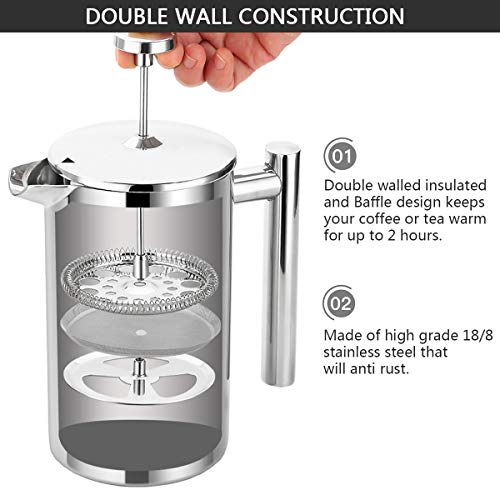 French Press Insulated Coffee Maker, ENLOY DoubleWall Stainless Steel