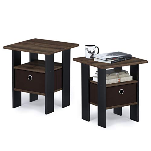 Furinno ANDREY Set of 2, Side Table with Storage Bin, Columbia Walnut