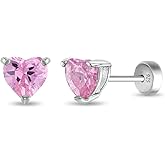 In Season Jewelry Heart-Shaped Solitaire Stud Kids Earrings - 925 Sterling Silver Hypoallergenic Earrings for Girls with Secure Push Back Locking - Safe & Comfortable for Kids & Little Girls