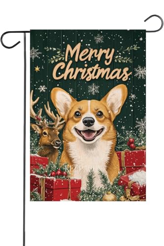 KEEPAEON Festivals Farmhouse Outdoor Patio House Decoration Corgi 12x18 Inch Vertical Double Sided Linen Merry Christmas Christmas Elk Garden Flag (12052) at Amazon