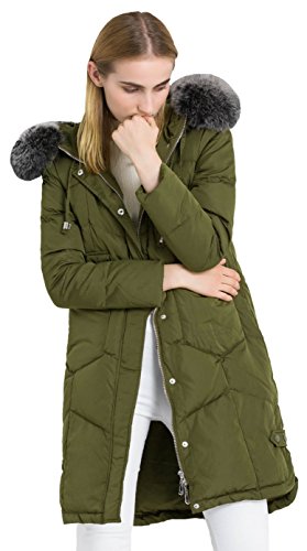 Z&Warm Women Fox Fur Collar Hooded Long Thickened Down Coat X-Large Olive Green