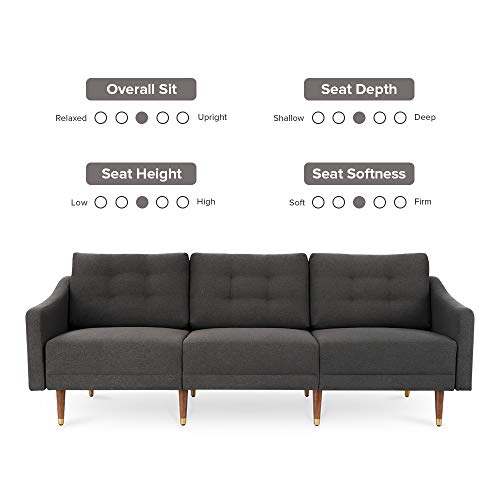 Mopio Savannah Futon Sofa Mid-Century Modern Couch, Fabric Upholstered Sofa with Tufted Back and Tapered Gold Caps Legs, 81.5" W, 3 Seater Sofa Suit for Living Room, Dark Gray