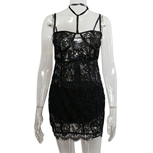 Snowfoller Fashion Women Halter Sexy Lace Dress Perspective Temptation Mini Dress+Underpants Sexy Lingerie For Women (S, Black)