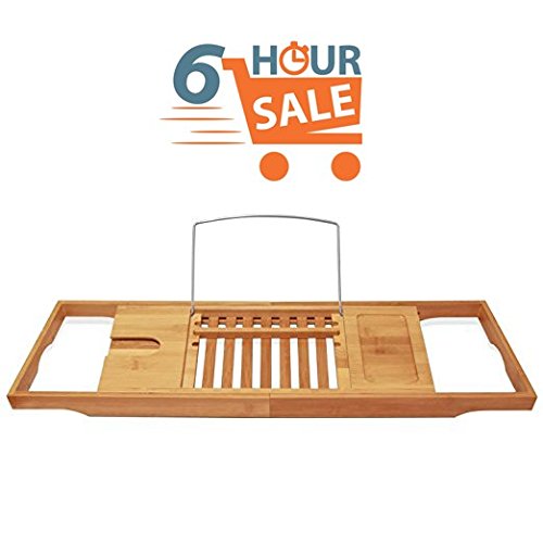 Bamboo Bathtub Caddy Tray With Extendable Slides, Adjustable Book/Tablet Holder. Cellphone/Candles Tray & Integrated Wineglass Holder.Plus Free Value Gift. One Year Warranty, By House Ur Home