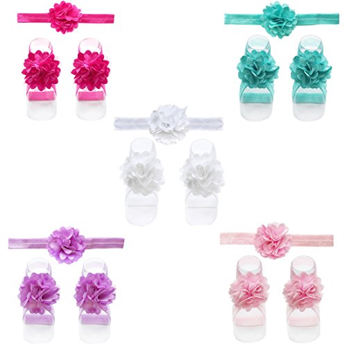 iiniim Baby Girls 5 Sets Headband Bow and Barefoot Sandals Foot Flower Band Gift