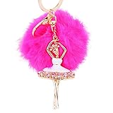 DZT1968® Fur Ball Keychain With Ballet Girl For Handbag Key Ring Car Key (Hot Pink)