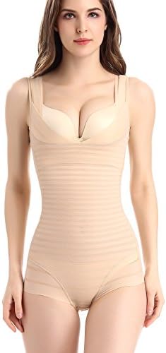 Movingtime Women Zebra Lines Stripe Seamless Shapewear Postpartum Abdomen Slimming Cincher Shaper Corset Briefer Bodysuit (XL, Nude)