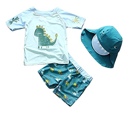 Baby Toddler Boys Two Pieces Swimsuit Set Swimwear Dinosaur Bathing Suit Rash Guards with Hat UPF 50+ (Lake Blue, 18-24 Months(Height:34"-37"/86-94cm))