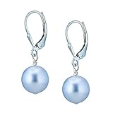 Swarovski Elements 10mm Pearl With 925 Sterling Silver Lever-back Dangle Earrings (Light Blue)