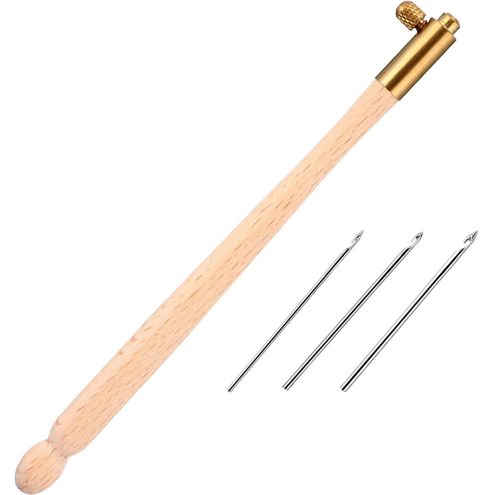 CENPEK Tambour Hook with 3 Needles (0.7mm-1mm-1.2mm) French Beading Hook Needle Set Wooden Crochet Tool Kit Interchangeable Crochet Hook Embroidery Tool for Embroidering Sequins and Beads