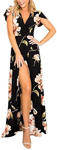 DBFACT Women's Bohemian Deep V Neck Floral Chiffon Wrap Split Maxi Long Dress (XL, BLACK-PINK)