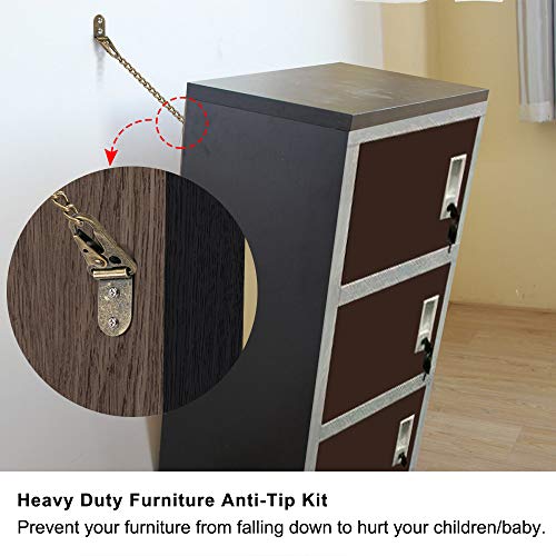 Purife 10'' Furniture Anchors for Baby Proofing, Adjustable Heavy Duty Metal Anti Tip Furniture Safety Strap, Furniture Mounting Kit, Wall Anchoring Kit Secure Bookcase Dresser Cabinet, Antique Bronze