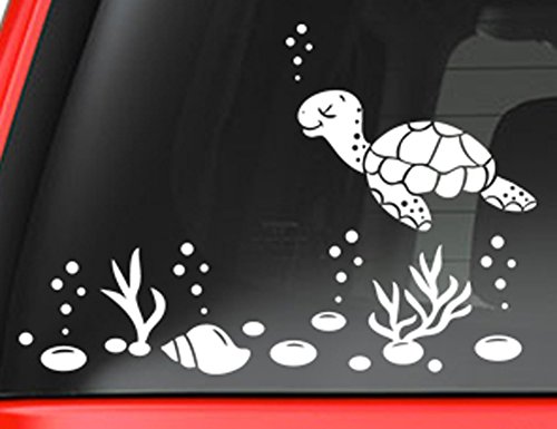 Sea turtle and shells decal sticker - white 5" vin…