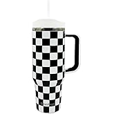 Dreamfocus 40 oz Stainless Steel Vacuum Insulated Tumbler with Handle and Straw, Upgraded Lid Automatic Rebound, Water Bottle Cup Travel Coffee Mug Black and White Checkered