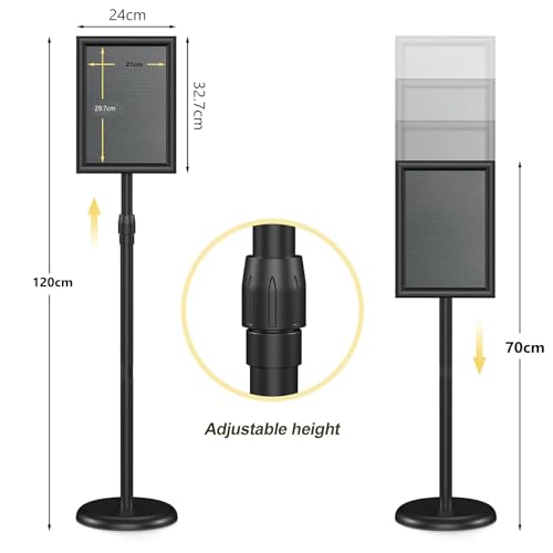 25 * 120Cm Sign Holder Stand, Height adjustable Floor Standing Signage with Snap-Open Frame Display Poster for Advertising, Black
