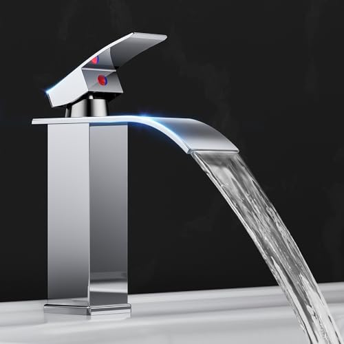 Waterfall Bathroom Sink Tap, Bathroom Sink Mixer, Brass and Stainless Steel Chrome Bathroom Mixer Tap (Including 60 cm Hose)
