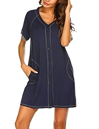 Ekouaer - Camisón de noche con botones y bolsillos