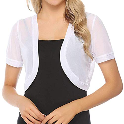 Summer Womens Tops Semi Sheer Short Sleeve Corp T-Shirt Chiffon Solid Basic Shrug Open Front Bolero Cardigan Tops White