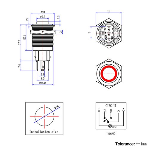 Ulincos Latching Pushbutton Switch U16F2 1NO1NC SPDT ON/OFF Silver Stainless Steel Shell with Blue LED Ring Suitable for 16mm 5/8" Mounting Hole (Blue)