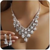 fxmimior Vintage Crystal Rhinestone Teardrop Statement Choker Bib Necklace Earrings Set Sparkly Chunky Cluster Tassel Necklace Teardrop Dangle Earrings Wedding Prom Bridal Jewelry Set