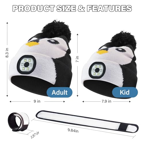 LED Beanie with Light for Kids, USB Rechargeable Headlamp Beanie Cap with LED Slap Bracelet, Unisex Winter Warm Knit Night Light Hat for Camping Running Walking, Knit Beanie Gift for Boys and Girls