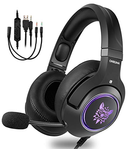 ONIKUMA Gaming Headset for Xbox One,PS4, PC, 3.5mm Stereo Wired Over Ear Gaming Headphone with Mic, Noise Cancelling & Volume Control USB LED Deep Bass Game Headphones for Laptop Mac Nintendo Switch