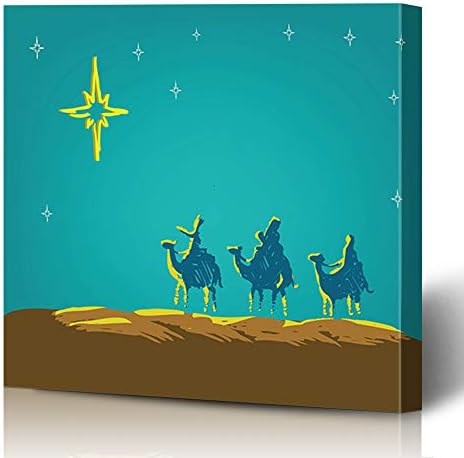 InterestDecor Canvas Prints Wall Art 16"x16" Holy Three Kings Follow Star Bethlehem Doodle Holidays Gold Wise Magi Christmas Jesus Christian Modern Artwork Home Decor Wrapped Gallery Painting
