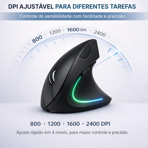 Mouse Ergonômico Vertical Recarregável Sem Fio, Bluetooth 5.0 + USB 2.4G, Cliques Silenciosos, RGB, DPI Ajustável 800-2400, Compatível com Notebook e PC