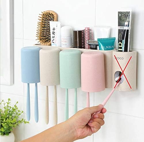 Toothbrush Holder Wall Mounted Wheat Straw Material All Dust Free Clean With an Automatic Toothpaste Dispenser (4 Cups Brush Holder only)