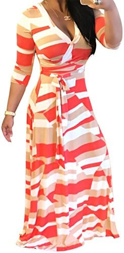Eleganlife Women Sexy Printed V Neck Long Sleeve Drawstring Cocktail Party Long Maxi Dress XXLarge