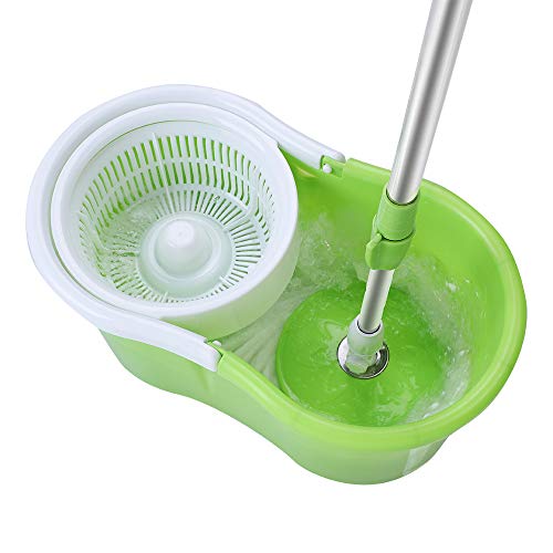 WOJOY Spin Mop and Bucket Sytem – 360° Self Wringing Spinning Mop with Stackable Bucket and 2 Machine Washable Microfiber Mop Heads – with Bucket & Dual Mop Heads Home Set (Green)