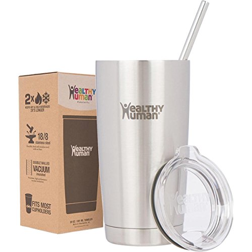 Healthy Human Cruiser Tumbler with Stainless Steel Straw - Vacuum Insulated Double Walled Travel Mug with Clear Lid - Hot or Cold Thermos Tumbler - 20 oz. Brushed Steel