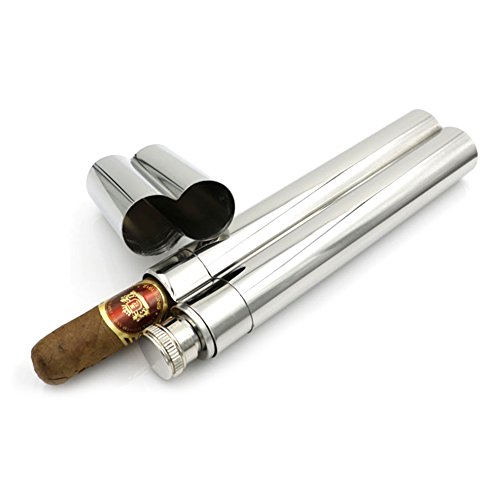 Kloud City 2 Ounce Stainless Steel Tubed Pocket Wine Whiskey Flask Tubes with Cigar Storage Case Tube Holder