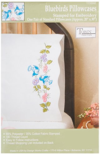 Tobin Stamped Pillowcases, Bluebirds, 20" x 30" Embroidery Kit, Blue