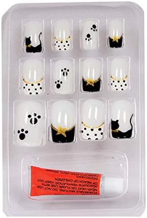 Color Fever False Nails - Quick Stick Artificial Nail Set with Glue, (Black & White)12 pc Set