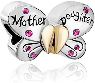 Mother Daughter Charms Separable Butterfly Crystal Heart Mom Bead Jewelry Bracelet (Rose Pink October Birthstone)