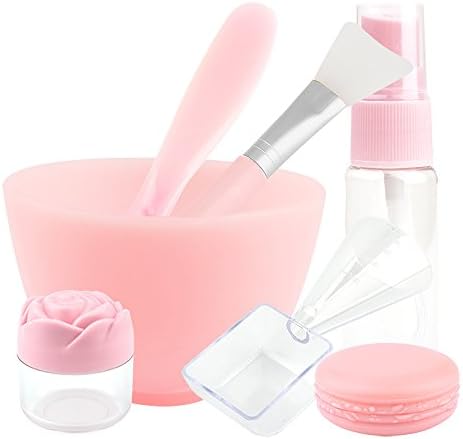 Facial Mask Brush Set, 7 in 1 Silicone Face Mask Mixing Tool Kit with Bowl Spatula Brush Spray Bottle Spoon Cup Box DIY Face Mud Mask (Pink)
