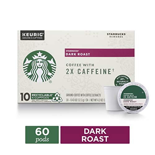 Starbucks Dark Roast Coffee K-Cups with 2X Caffeine | for Keurig Brewers | 6 Boxes of 10 (60 Total K-Cup Pods)