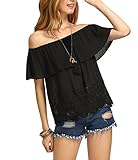SheIn Women's Off Shoulder Ruffle Tassel Scalloped Hem Blouse Top