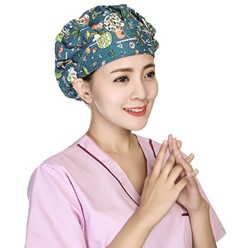Unisex Bouffant Scrub Hat Cotton Cap Surgical Medical Nurse Doctor Adjustable Men Women Ponytail Cute Animal Pattern