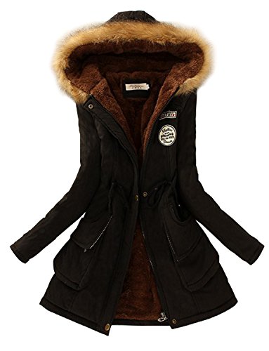 Sanifer Women Hooded Quilted Jacket Long Coat (US 10, Black)