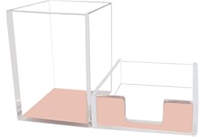 MEI YI TIAN Rose Gold Memo Pad Holder Pencil Cup Set Self-Stick Notes Cube Tray Desktop Accessories Dispenser for Office Home School Stationery Makeup Brush Organizers (Rose Gold & Clear)