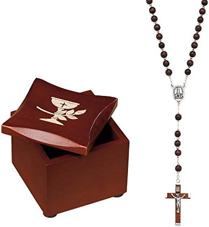 Cross Chalice Cherry Brown and Brown 3 x 2 Wood Decorative Box and Rosary