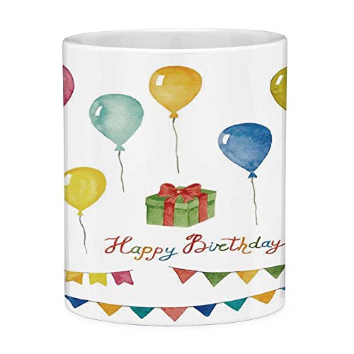 Lead Free Ceramic Coffee Mug Tea Cup White Birthday Decorations 11 Ounces Funny Coffee Mug Watercolor Set for Celebration Flags Surprise Box Balloons Happy Wish Multicolor