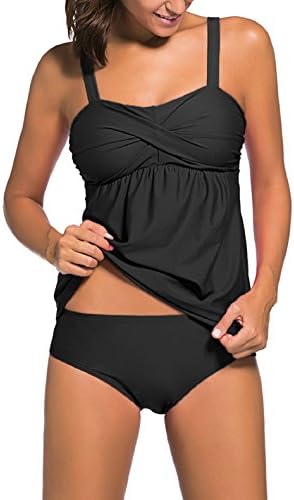 Snowyee Womens Cute Camisole Top Bikini Briefs Sets Swimwear Bathing Suits Tankini Plus Size(Black L)