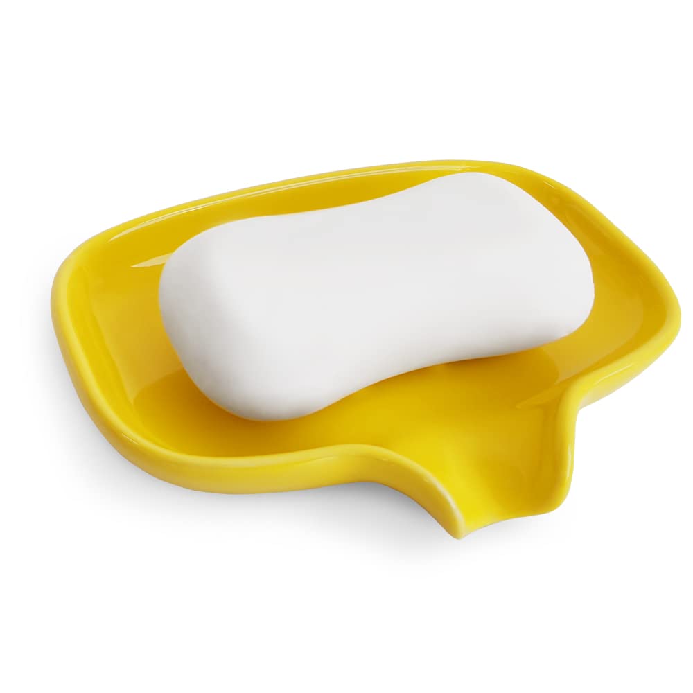 Multi-Color Ceramic Soap Dish for Kitchen or Bathroom, Easy to Clean, Self Draining Soap Holder, Keeps Soap Dry (Yellow)