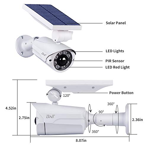 Solar Powered Motion Sensor Security Light Outdoor -BNT 800Lumens 8 LED Spotlight 5-Watt Solar Lights with Red Light Mode Wireless Solar Flood Light for Porch Garden Patio Driveway,Pack of 2 (White)