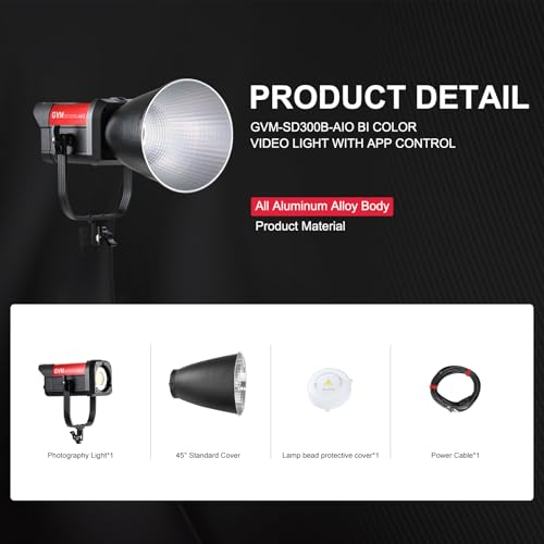 GVM 300W LED Video Light, 221950 Lux/1m, ARO SD300B Photo Lighting Kit with App Control, 2700K-6800K Continuous Studio Light for Youtube, Cinema, 12 Scenic Effects
