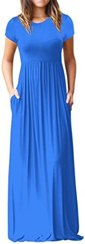 Summer Plain Dress, Women's Casual Short Sleeves Crewneck Side High Split Loose Long Maxi Dress Midi Solid Color Tunic Blouse